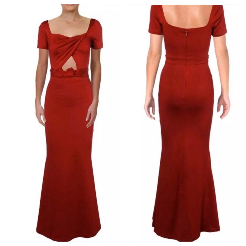 bebe floral waist criss cross gown red dahlia